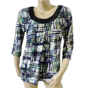 AB Studio Top Womens Large Geometric Print 3/4 Sleeve Scoop Neck Stretch Shirt